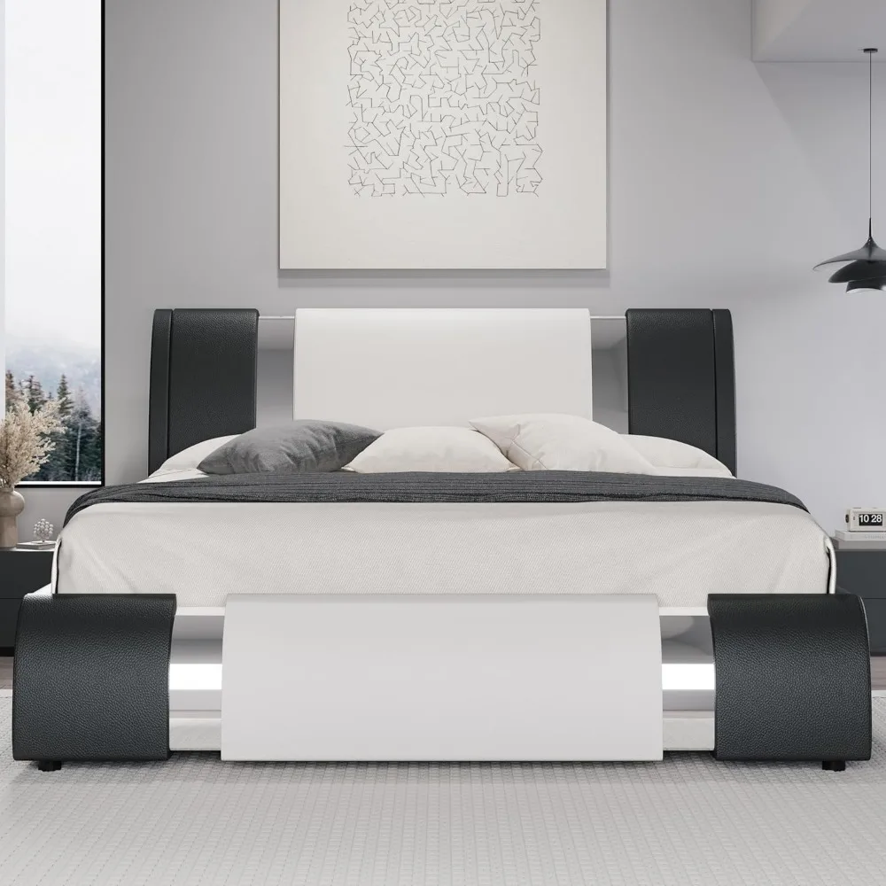 Modern Queen Faux Leather Bed Frame with Iron Pieces Decor, Low Profile Platform Bed with Height-Adjustable Headboard, So