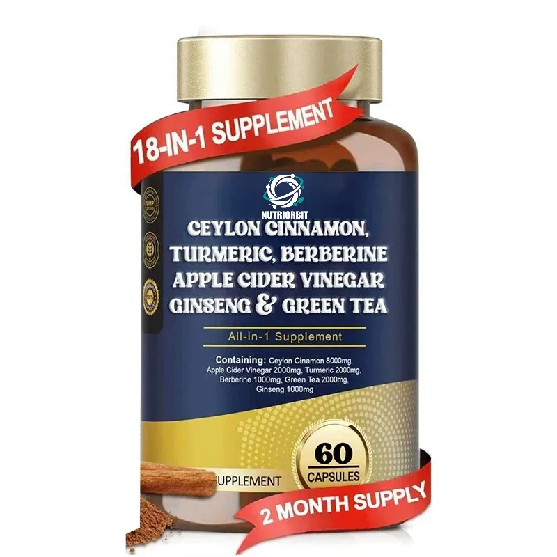 18 in 1 Organic Ceylon Cinnamon Supplement, Apple Cider Vinegar, Turmeric, Bitter Melon, Heart Boosting, 60 Capsules