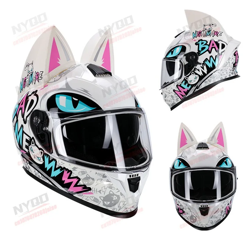 Motorcycle Full Face Helmet for Women White and Pink Cat Ear Helmet DOT Approved Men's All Season Off-road Safety Helmet - view 3