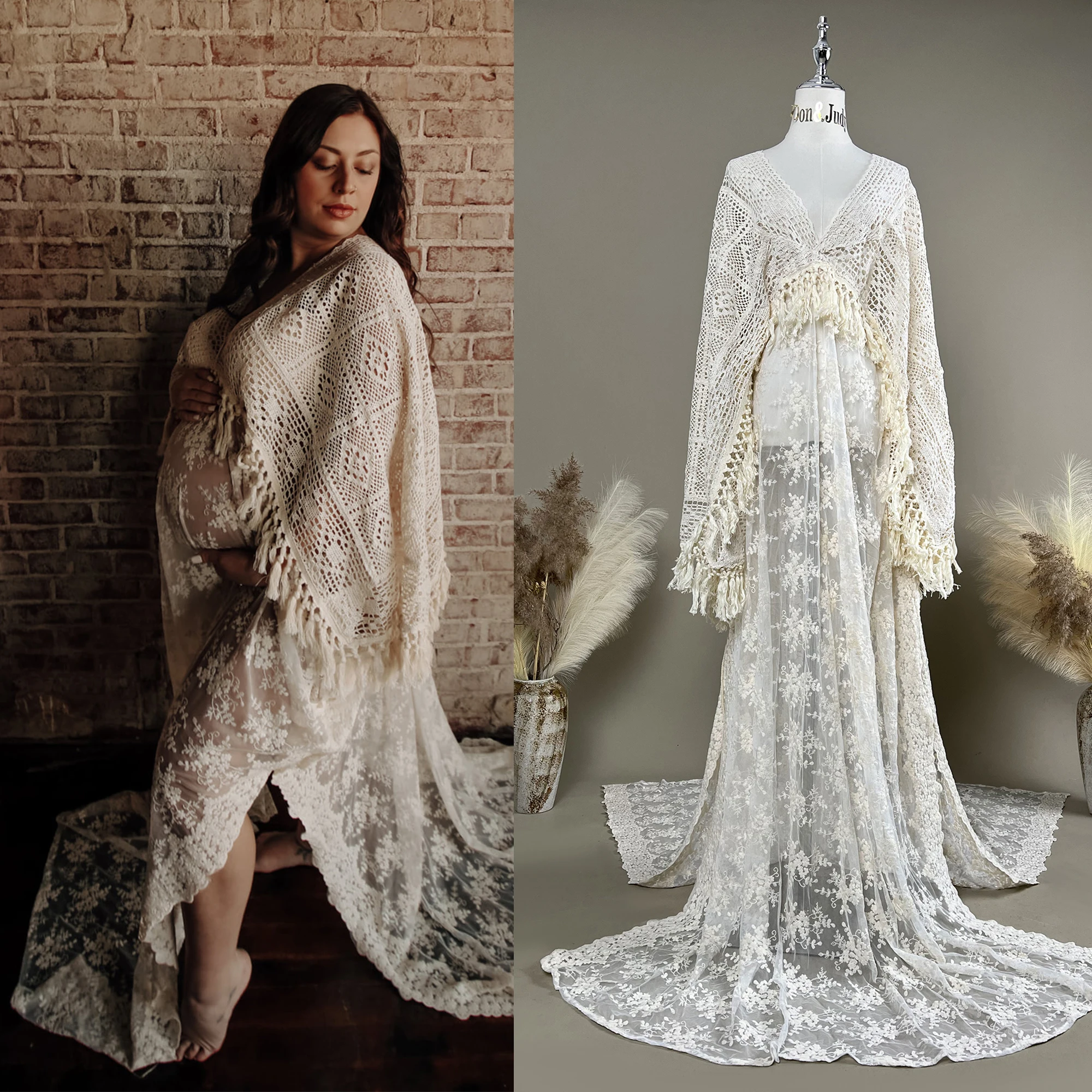 Don&Judy Bohemian Maternity Wedding Dress Crochet Embroidery Tassel Side Split Bride Party Gown Boho Vestidos De Noiva Plus Size