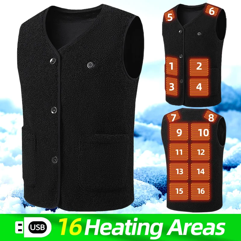 16 Areas Fleece Heated Vest Men USB Women Electric Heating Vest Lightweight Heated Jacket Camping Hiking Heated Clothes