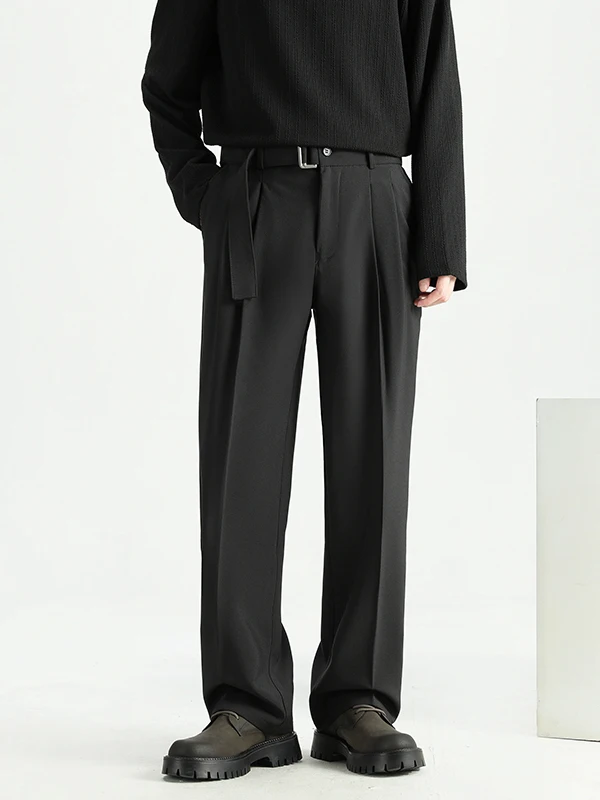 Black Casual Pants for Men Loose Wide Leg Belted Straight Leg Autumn New Style Durable Polyester Fiber Low Maintenance Required