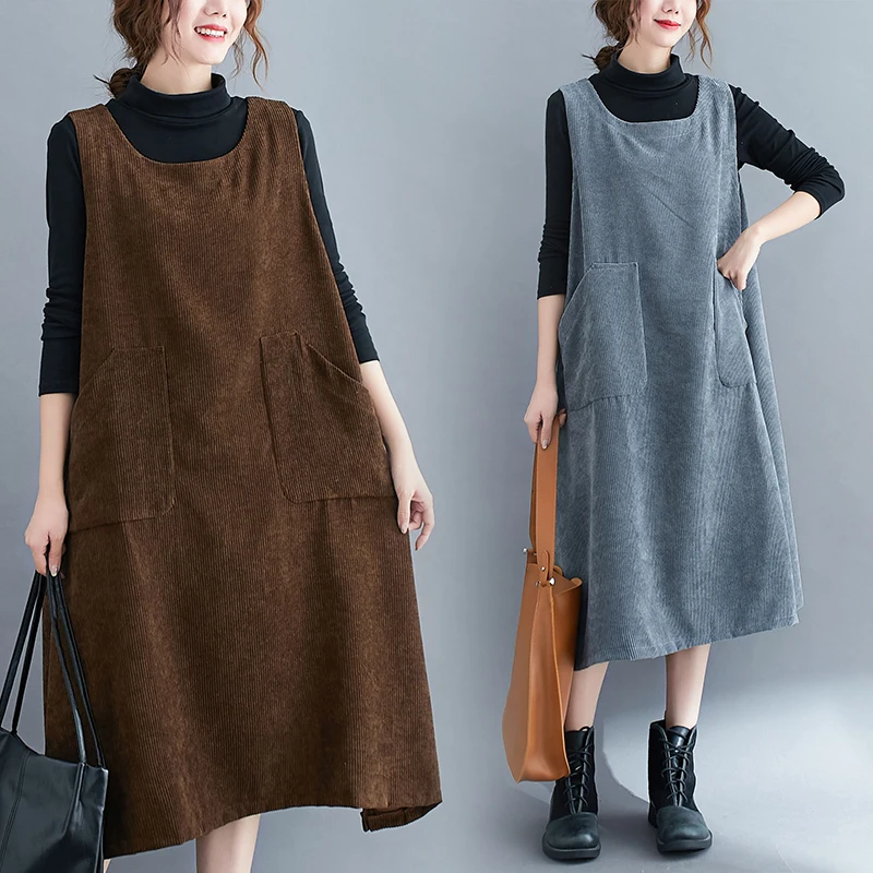 

Retro Autumn Winter plus Size Women's Vest Dr Cotton Corduroy Midi Skirt with Big kets round Neline Princ Sle
