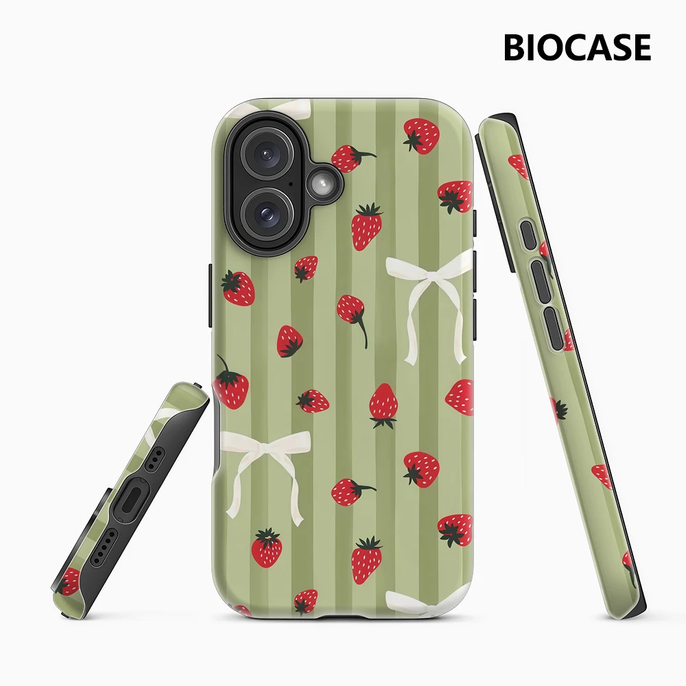 Erdbeeren, weiße Schleifen, grüne Streifen, iPhone 17 Must-Haves-Handyhülle für iPhone 17 16 15 14 Pro Max Plus, doppellagige Rückseite
