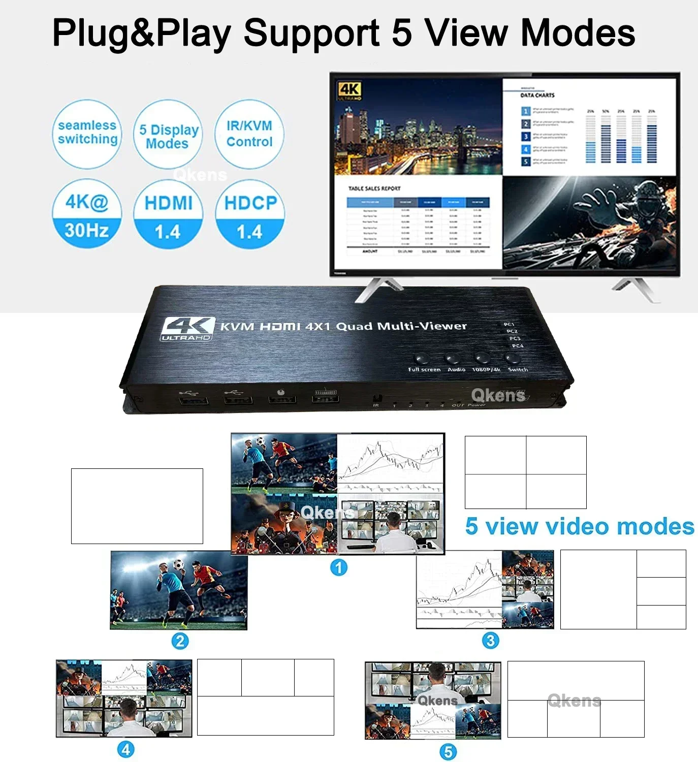 4x1 HDMI Multi viewer 4 in 1 aus 4k HDMI Quad Multi-Viewer KVM nahtloses Switch Display für 4 Computer Laptop PC 1 Maus Tastatur