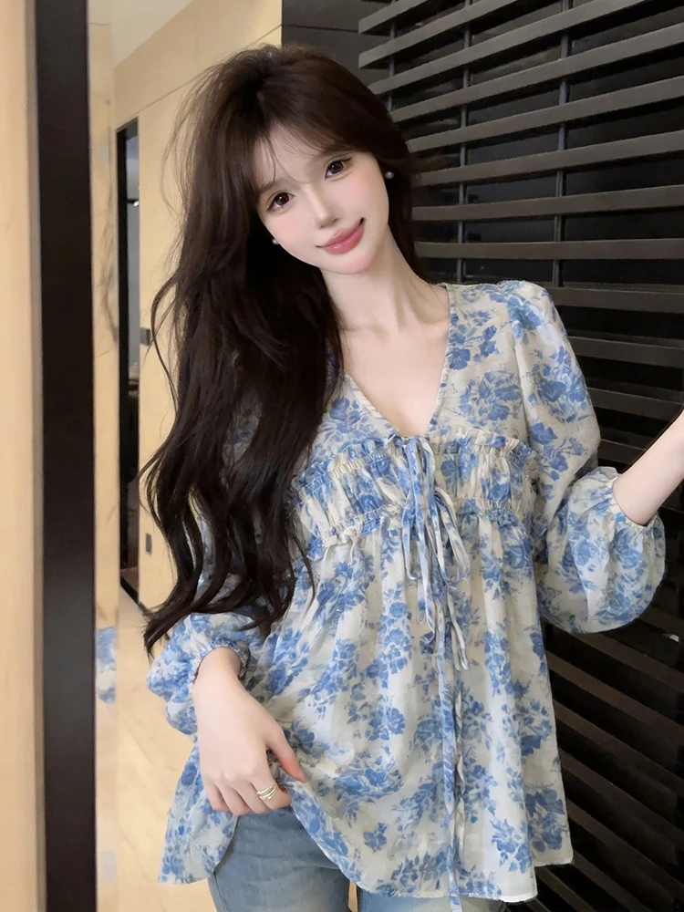 Elegant Blue And White Porcelain V-Neck Long Sleeve Shirt Bow Tie Versatile Slimming Design Cotton Polyester Blend Women's Top