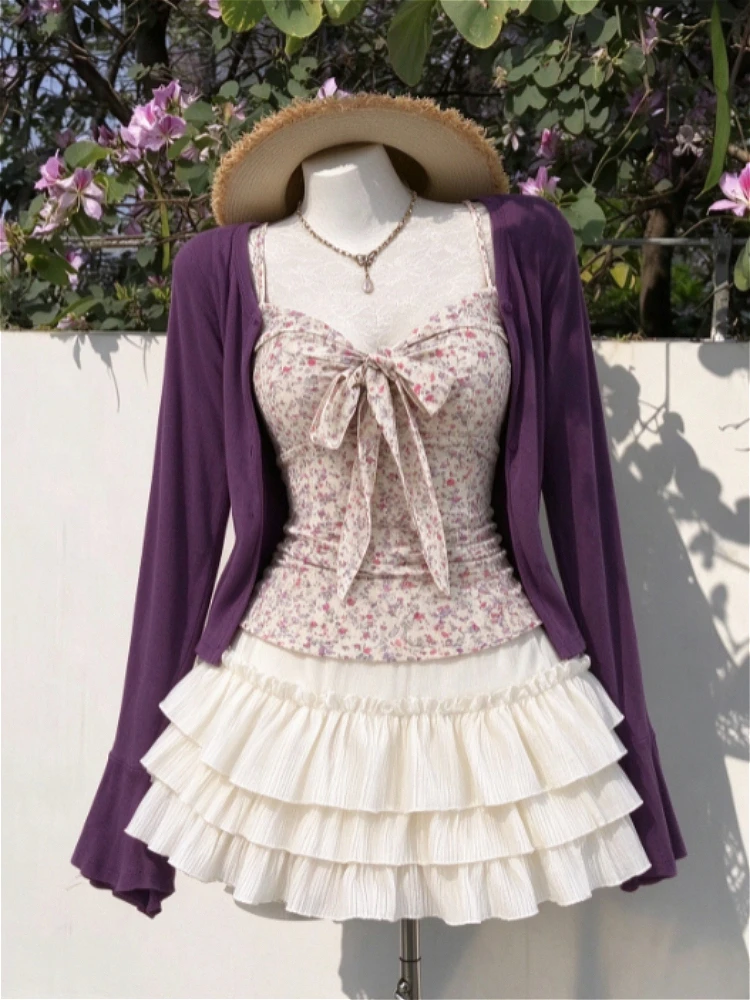 Preppy Sweet Japanese 2 Piece Outfit Lace Bow Tops Mini Skirt Korean American Retro Kawaii Subculture Cute Fashion Matching Set