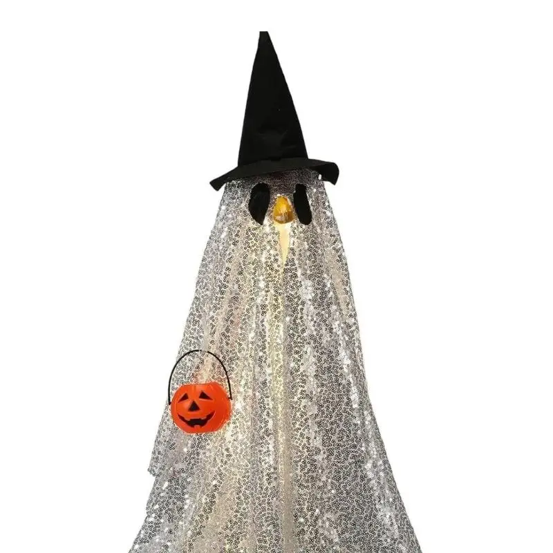 Illuminated Porch Geese Outfit for Halloween Displays, Lighted Character Costume with Pumpkin Pointed Hat and Carry Pail D2RD