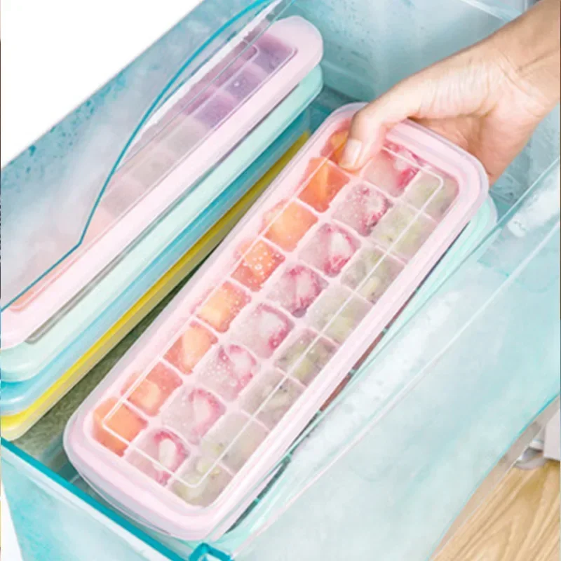 

24 Grips Silicone/Plastic Ice Cube Tray with Lid and Bin Laddle for Freezer Mini Ice Cube Mold Bucket with Scoop Ice Maker