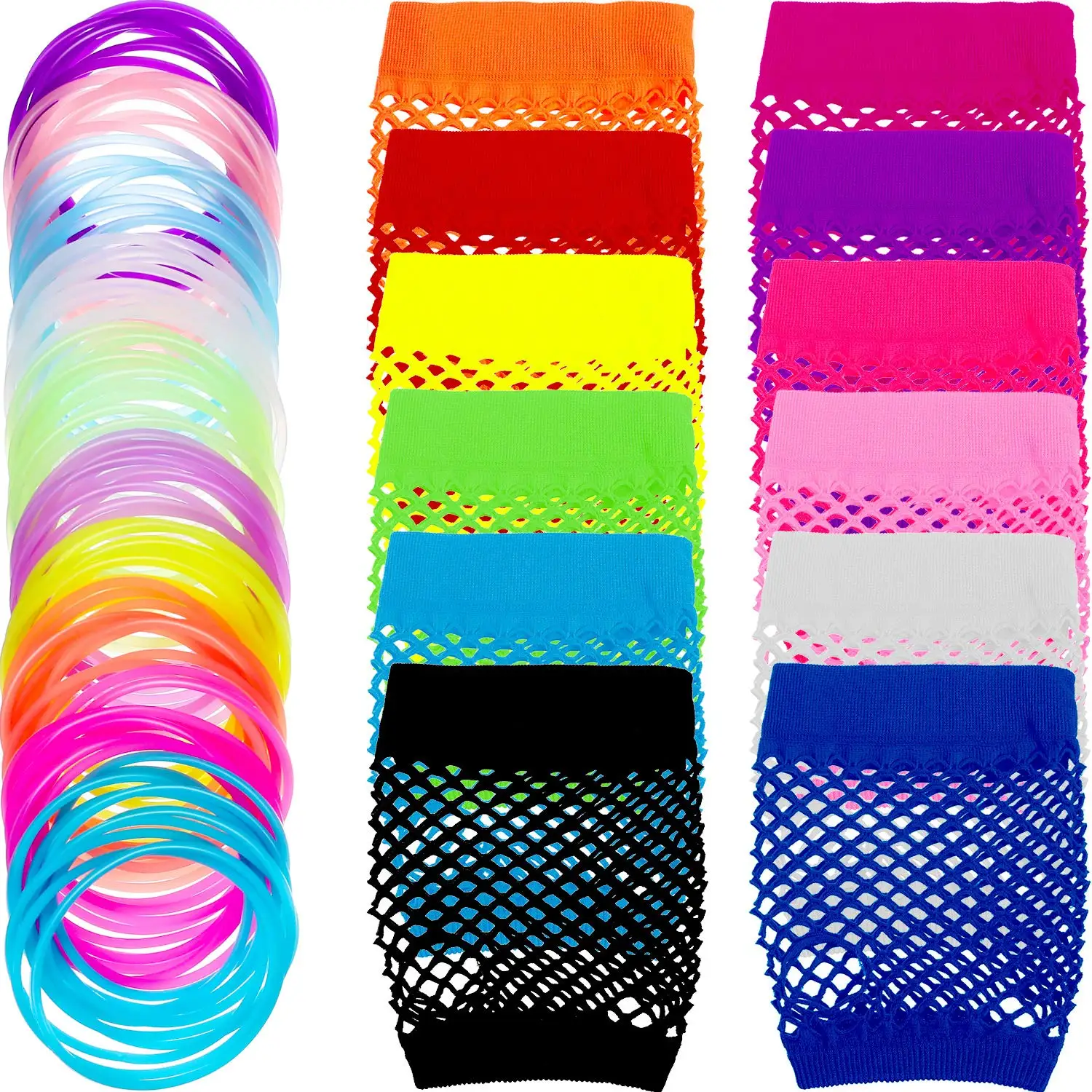 12 Pairs Neon Fingerless Fishnet Gloves and 100 Pieces Multicolor Silicone Jelly Bracelets 80s 90s Accessories for Women Retro P