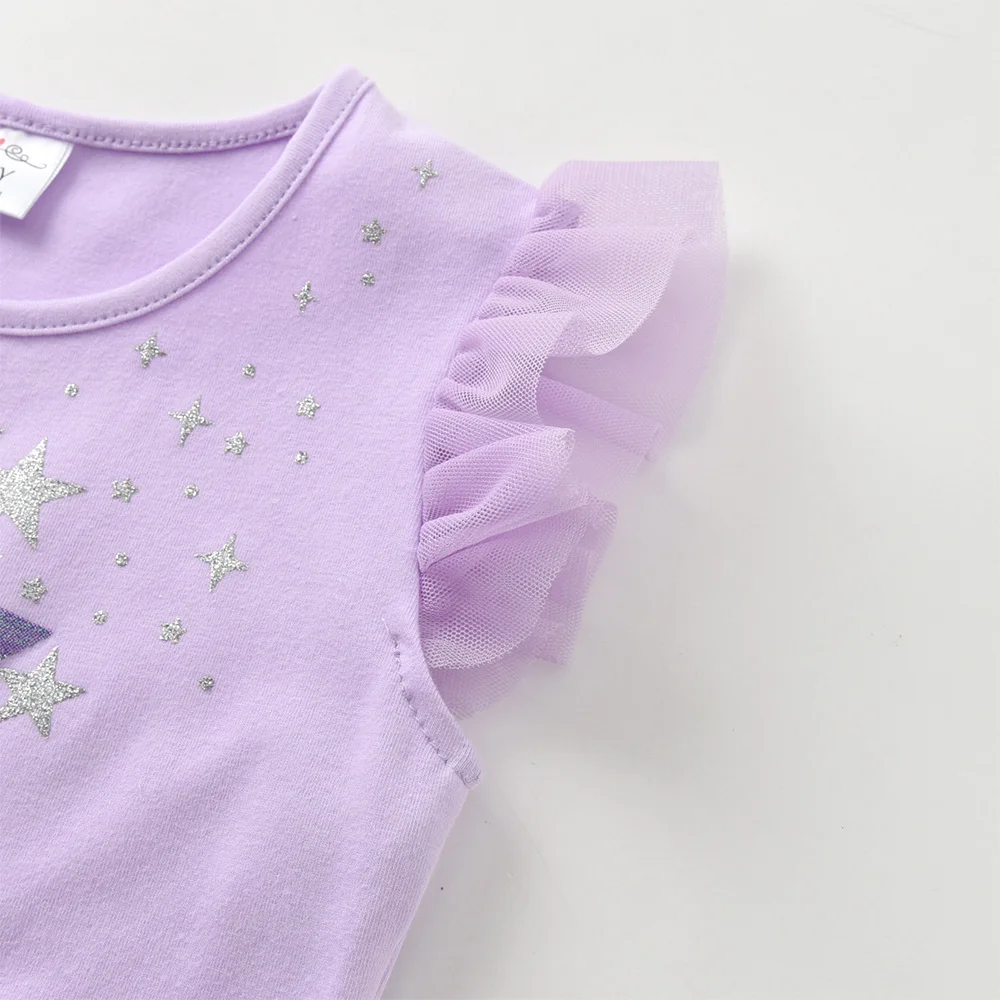 VIKITA Kleinkinder-Kleid mit glitzerndem Sternenmuster, Kinderkleid, lavendellila, Ombre-Tüll, Netzstoff, Rüschenärmel, Sommer, lässig, Party, Prinzessinnenkleid – Detail 7