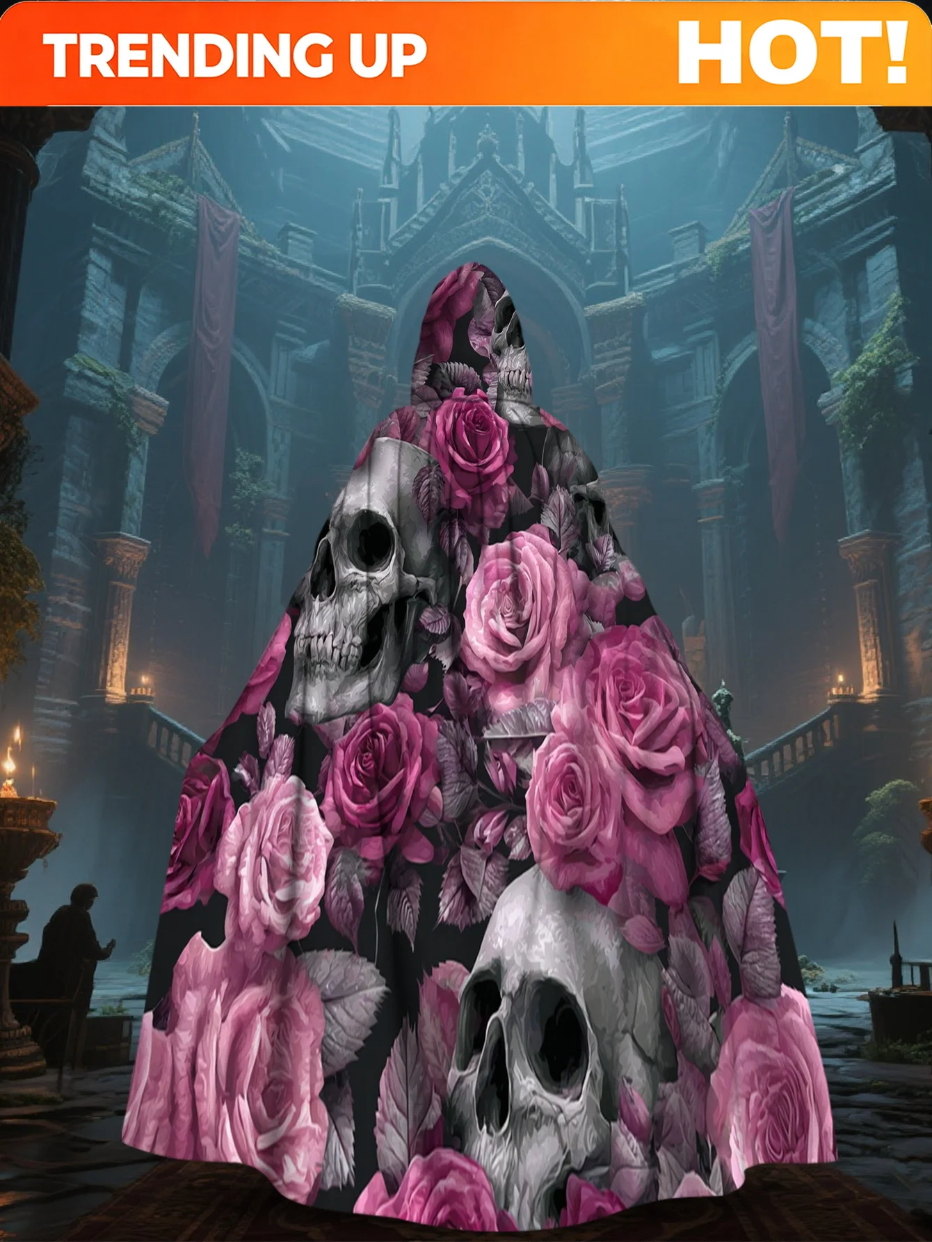 Customization 1pc Lianyaoshi Product Selection 2D Flat Printing Day Of The Dead Cozy Hooded Cape With Pink Roses And Skulls, 100