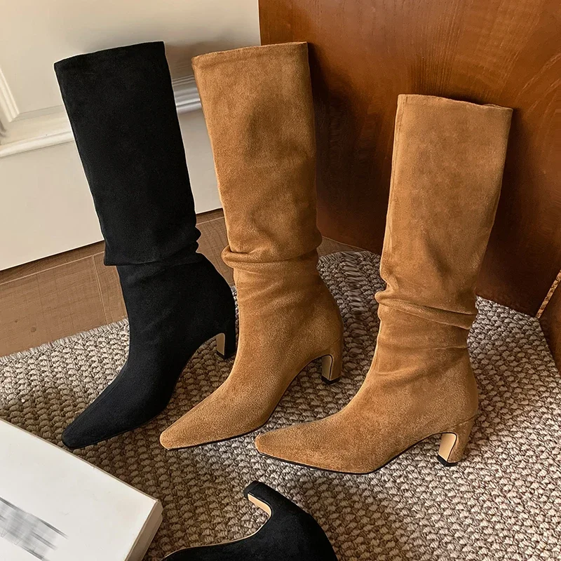 Yozcttaa Size 34-39 Knee High Boots For Women Suede Leather Ins Fashion 2025 High Heels Shoes Winter Daily Dress Office Lady