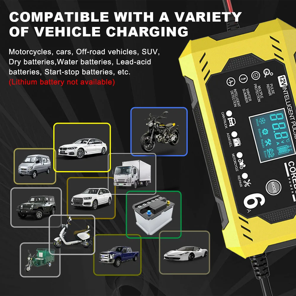 High Power Multifunctional Pulse Repair Battery Charging For Motorcycle SUV Truck Smart Car Battery Charger 12V/6A Intelligent