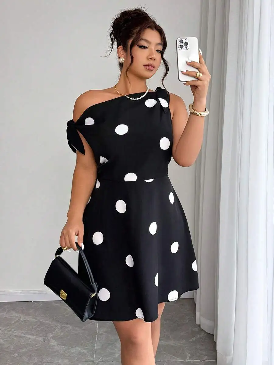 

Plus Size Women Elegant Polka Dot Bowknot Asymmetric Hem A-Line Dress