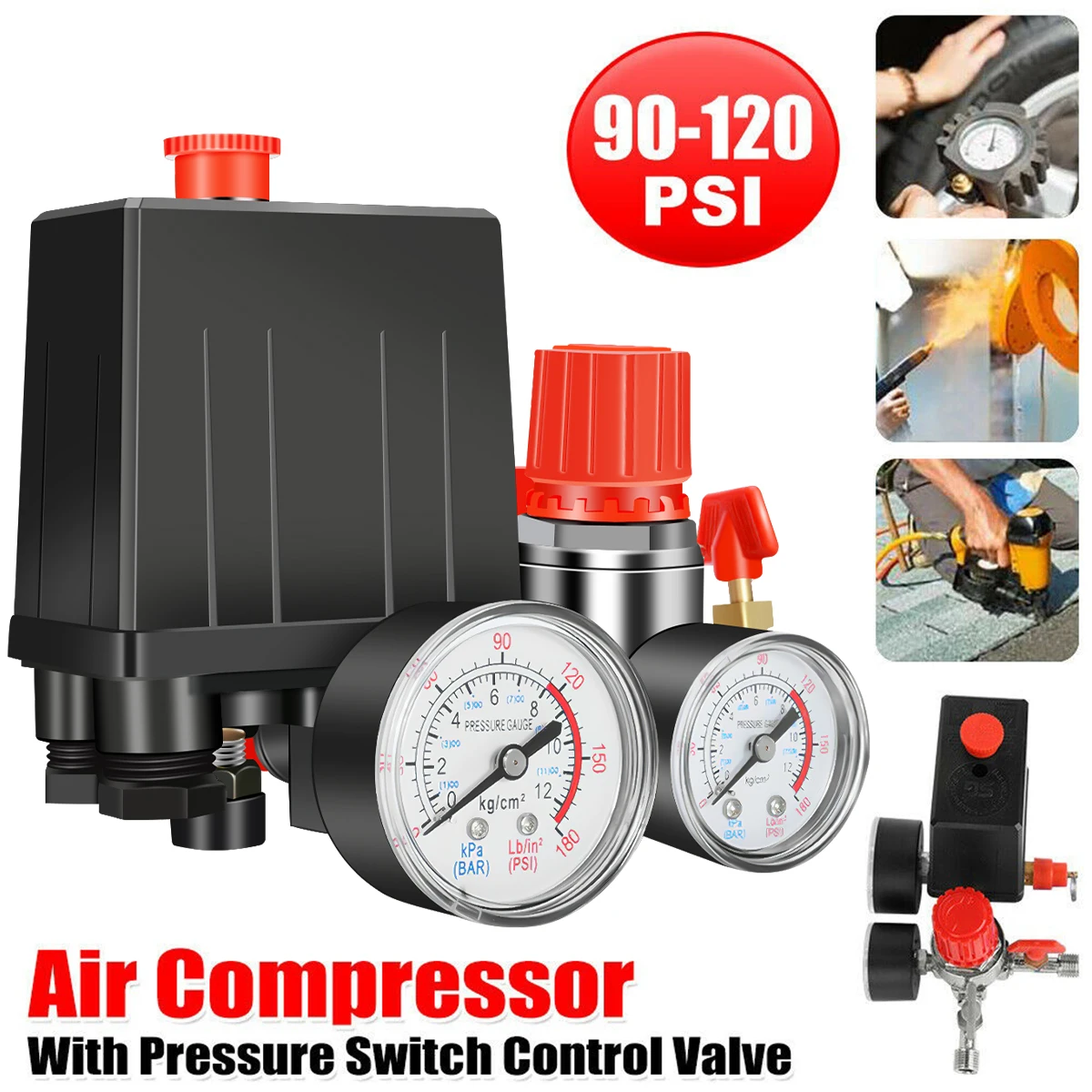 Air Compressor Pressure Switch 90-120PSI Safety Valve Control Manifold Regulator Gauges Safety Valve 1/4