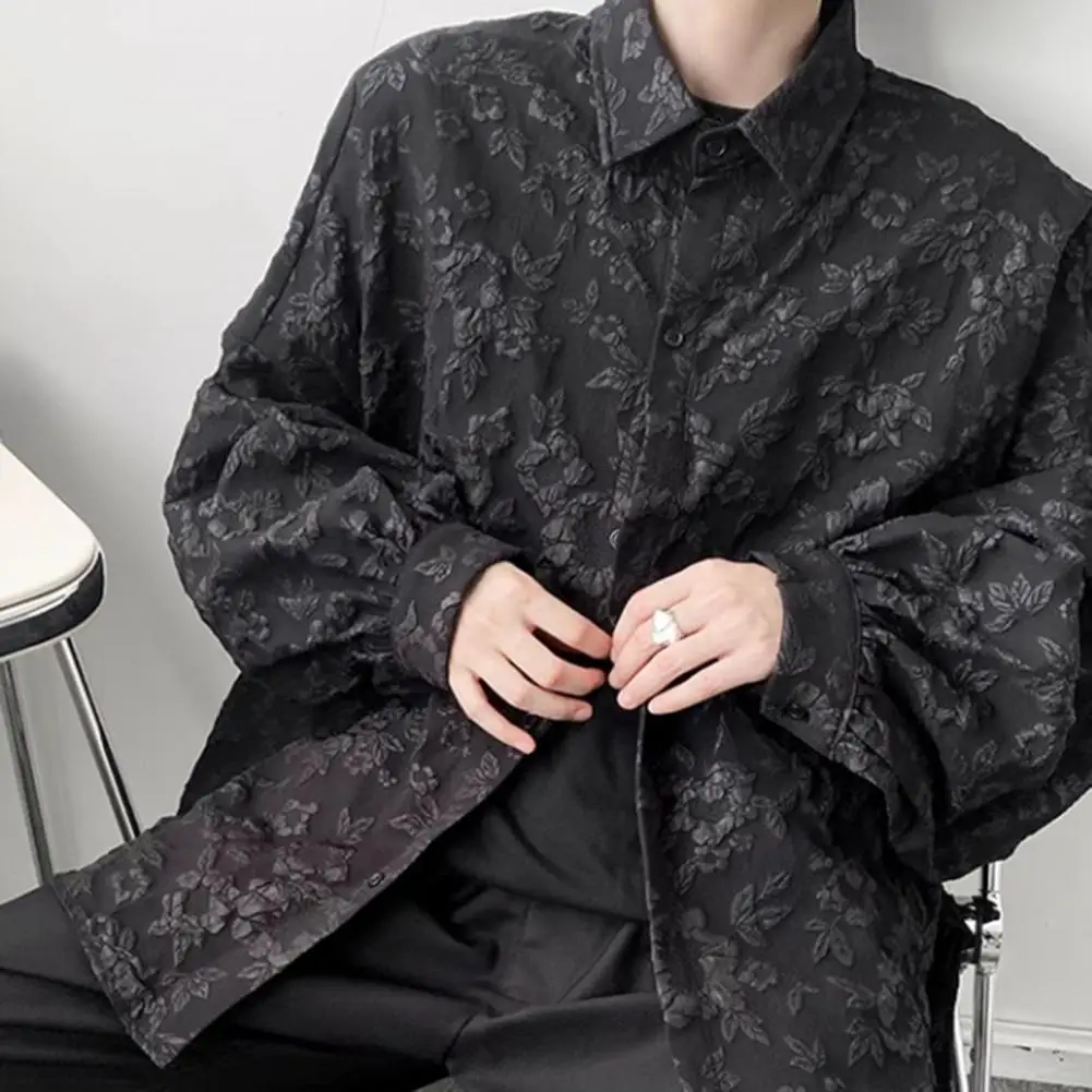 

Streetwear Shirt Floral Rilievo Button-down Cardigan with Turn-down Collar Long Sleeves Stylish Mid Length Dark Style for Wear