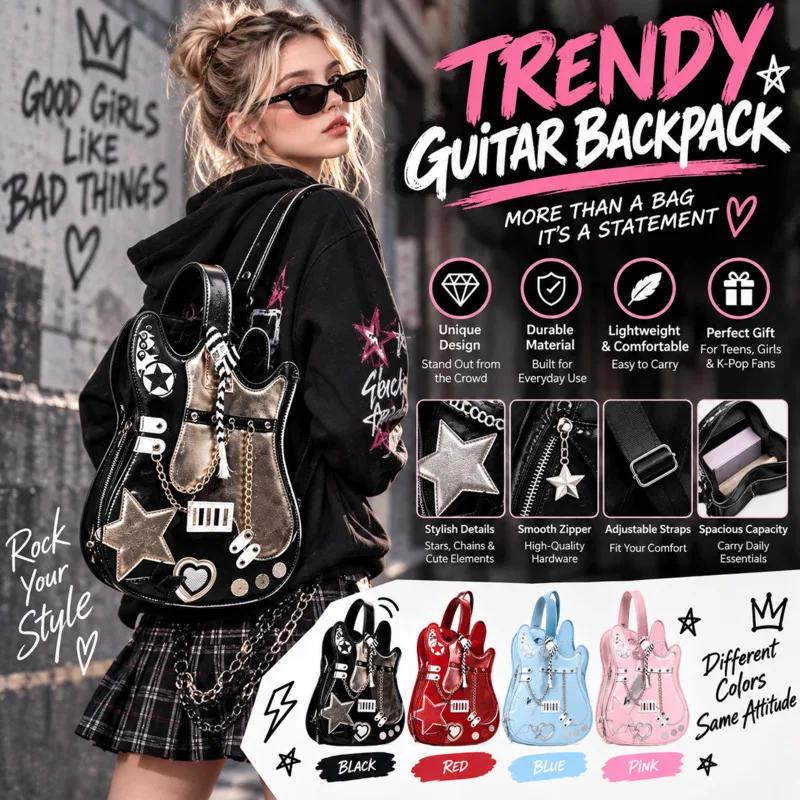 Guitar Backpacks Y2K PU Leather Crossbody Bag Cute Sweet Heart Star, Chain Shoulder Rucksack For Women Girls Teen Fashion Gift