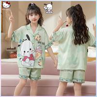 2Pcs Pochacco Kuromi Children Pajama Sets Cartoon Anime Sanrio Cinnamoroll Summer New Ice Silk Short Sleeve T-Shirt Tops Shorts