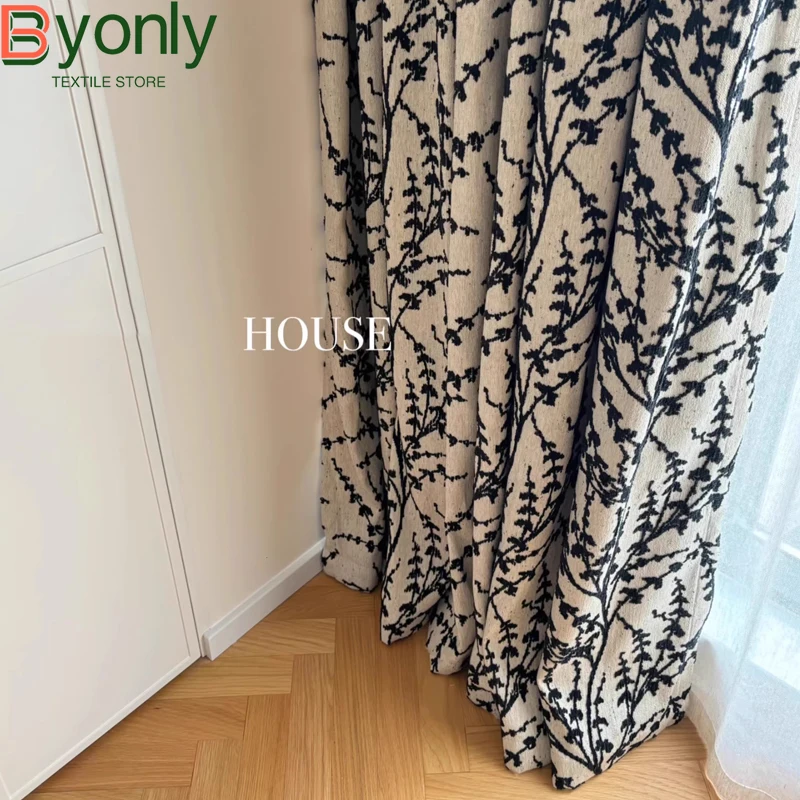 Black Three-dimensional Snow Willow Jacquard Chenille Thickened Curtains for Living Room Bedroom Shading French Window Curtains