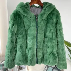 OFTBUY Elegant  Natural Rabbit Fur Coat Hooded Thick Winter Warm Outerwear Streetwear Fashion Casual Loose Fur Jacket Women