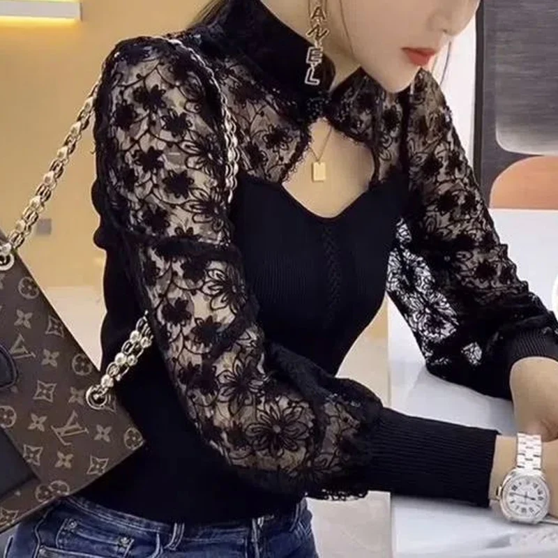 Spring Autumn New Stand Collar Fashion Long Sleeve Blouse Women High Street Contrast Color Pullovers Lace Hollow Out Y2K Tops