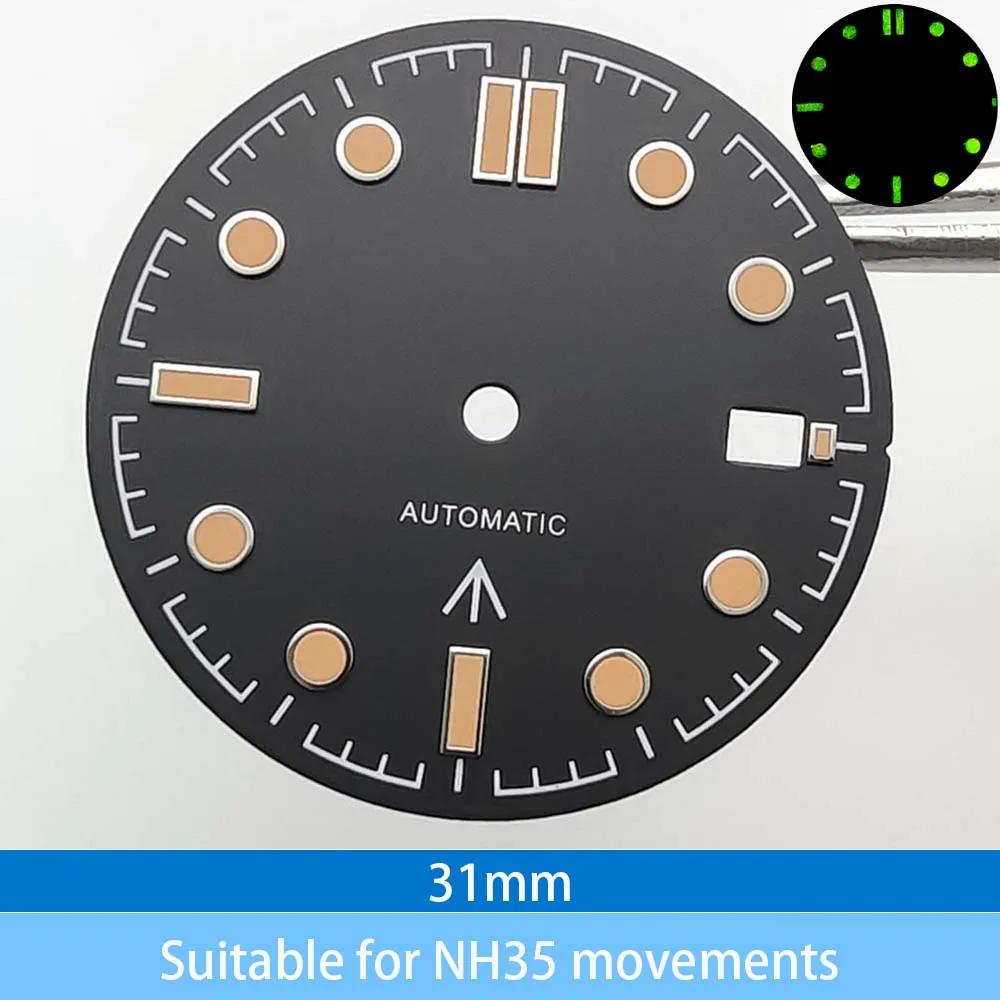 قرص معقم مقاس 31 ملم لحركة NH35 وإكسسوارات الساعات الميكانيكية الأوتوماتيكية للرجال باللون الأخضر المضيء