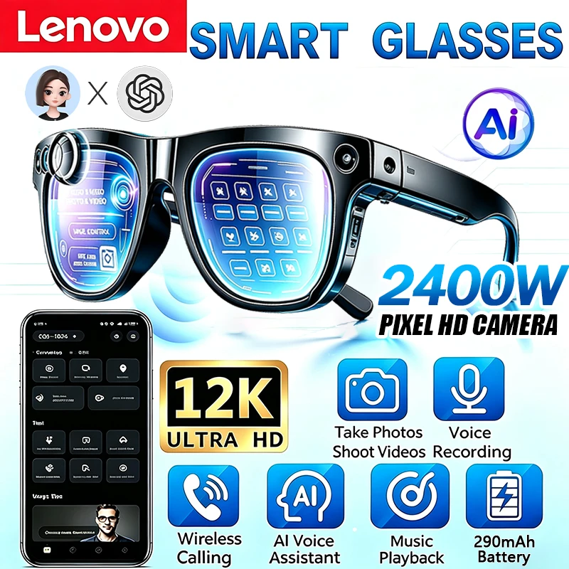 Lenovo 12KHD Smart Glasses 2400MP Vedio AI Translation Hands-Free Call AI Chat Logging Music Playback Smart Sunglasses Men Women