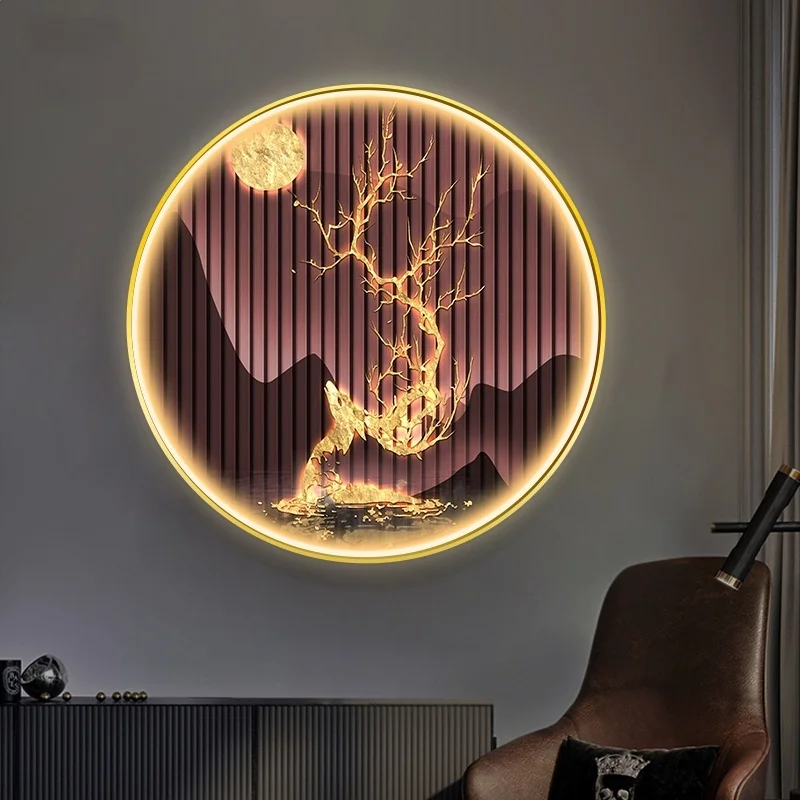 New Chinese Style Entrance Decoration Painting Circular Luminous LED Mural Light Living Room Corridor Entrance Mural Light
