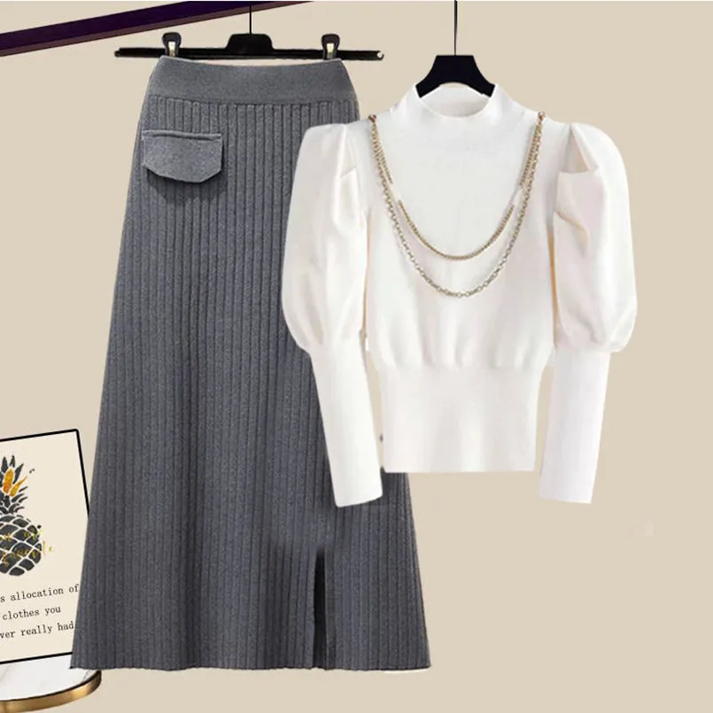 Oversized Women's Autumn and Winter Set 2023 New Korean Fashion Shirt Waistband Slim Knitted Half Skirt Two Piece Set