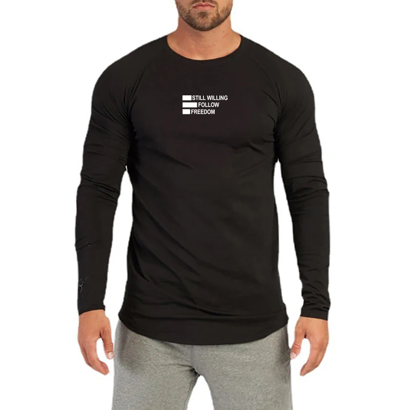 Autumn Long Sleeve Slim Fit Cotton Breathable Mens Fitness Casual Shirts Gym Bodybuilding Muscle Fashion Street Hip Hop T-shirts