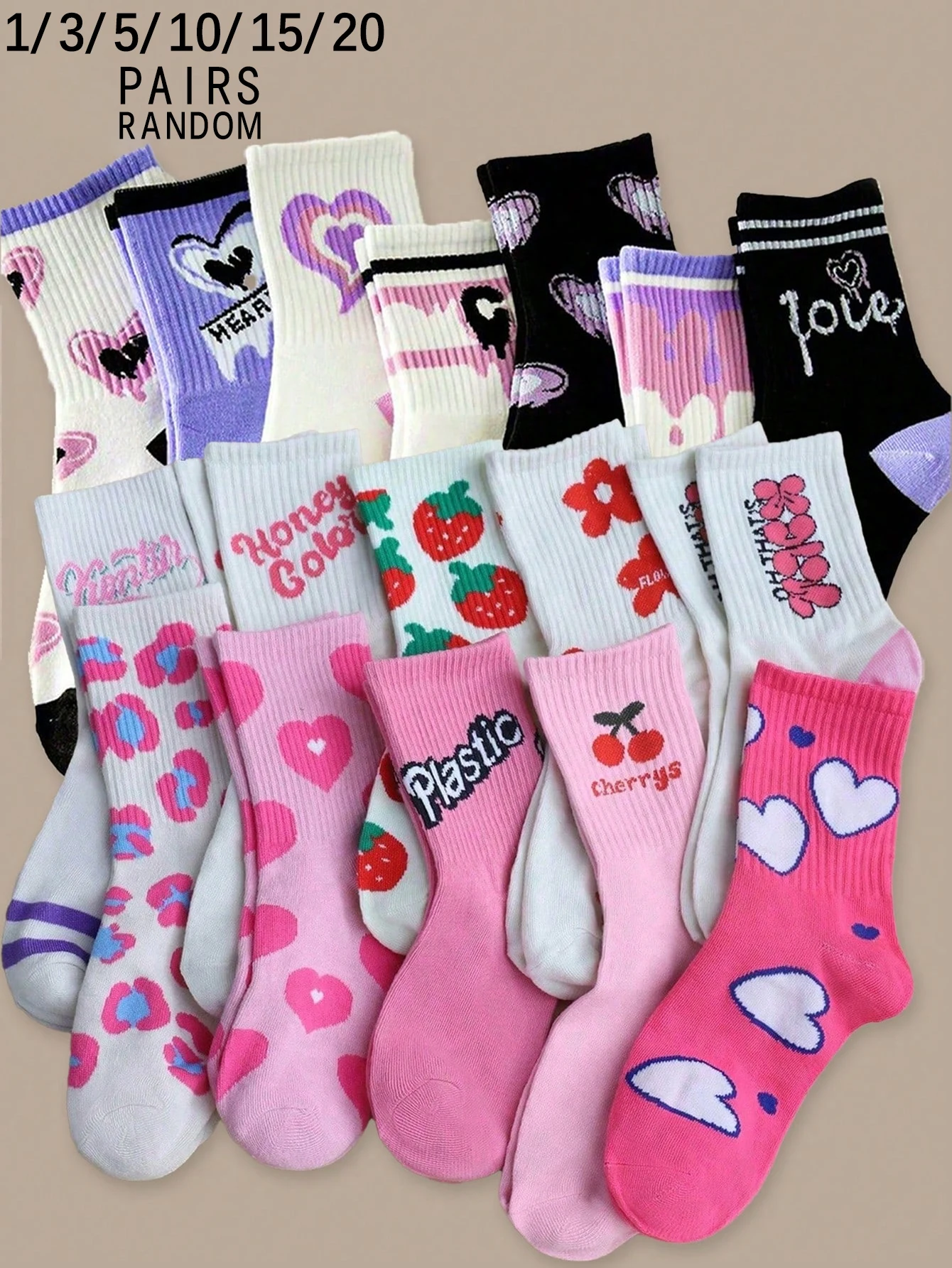1/3/5/10/15/20 pairs random of heart graffiti preppy style Women's Mid-Calf Socks