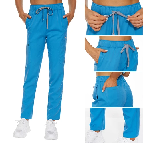 Imagen 2 del producto Pantalones de trabajo de cintura alta para mujer, Pantalón liso con bolsillo, uniforme de enfermera, Clínica de mascotas, pantalones casuales, uniforme de fregado