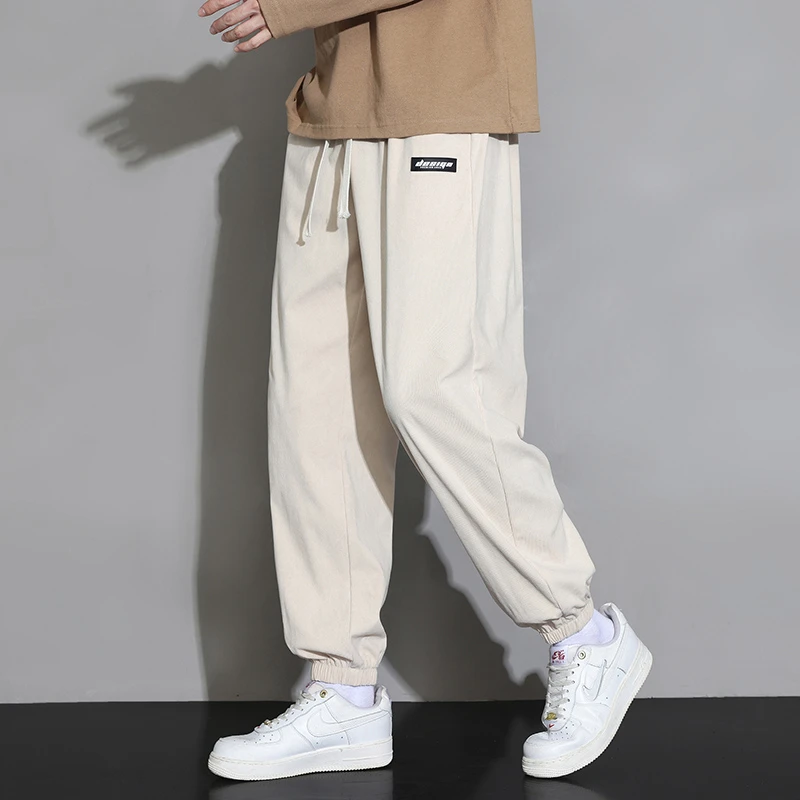 Men\'s Casual Corduroy Pants Spring and Autumn Sports Loose High Waist Full Length Sweatpants Solid Color Korean Male Daily Pants