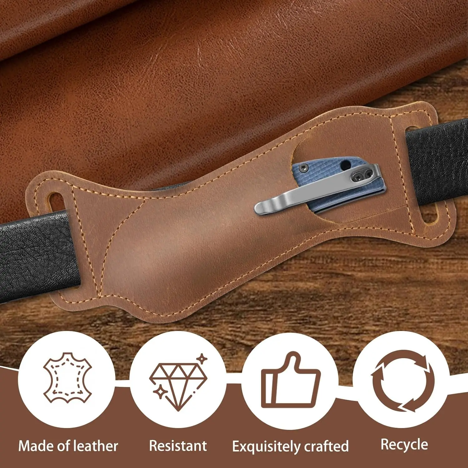 Leder-Messerscheide für Gürtel mit Clip, horizontale Klappmesserhülle, braune Leder-Taschenmesserhalterung für die Jagd im Freien – Detail 5