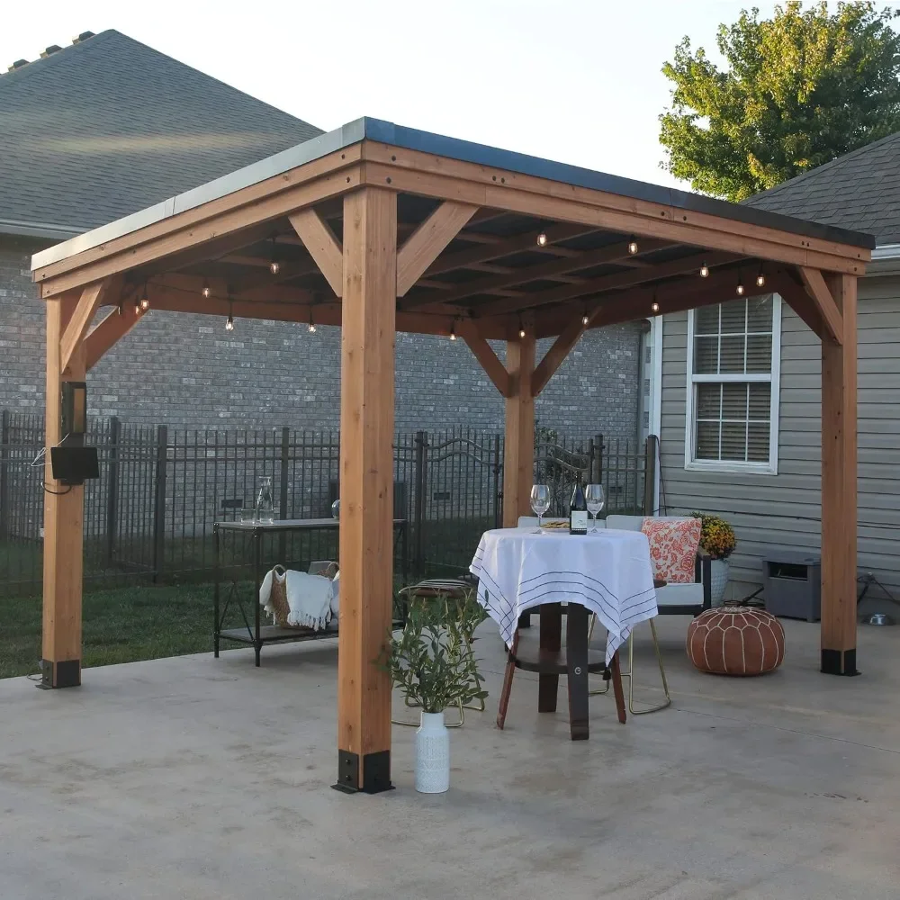 12 X 9.5 Wooden Gazebo Pavilion with Hard Top Steel Slope Roof，Supports Snow Loads and Wind Speed, Rot Resistant，Garden Canopy