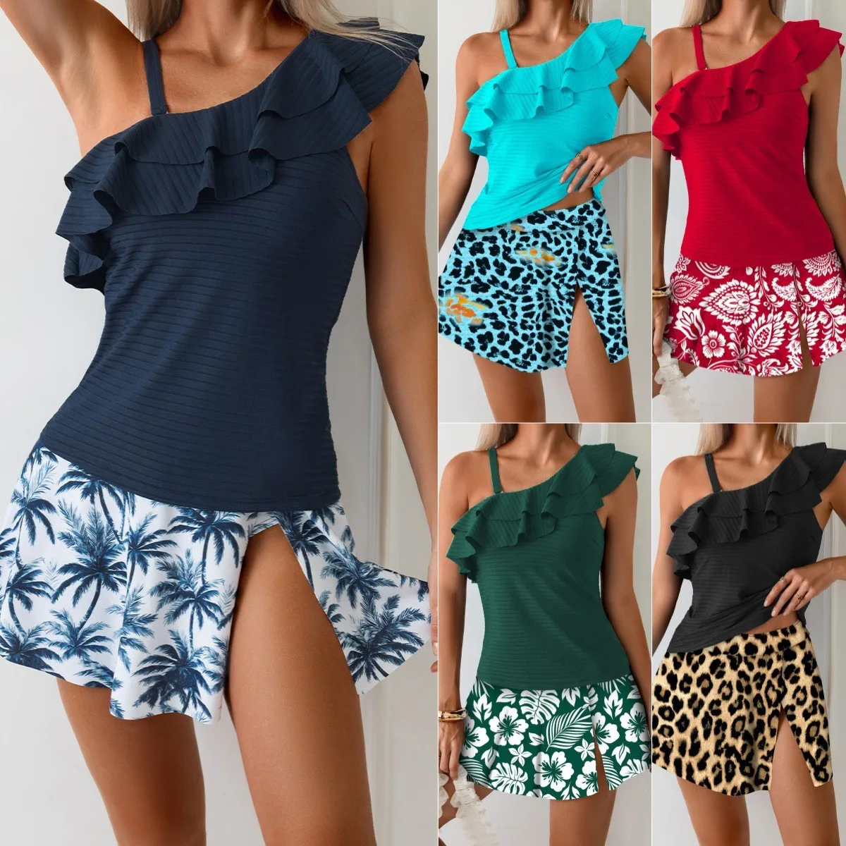 Woman Tankini Swimwear Asymmetrical Ruffle Crop Top Sleeveless Leopard Print Tankini Set Mini Skirt Side Slit Two Piece Swimsuit