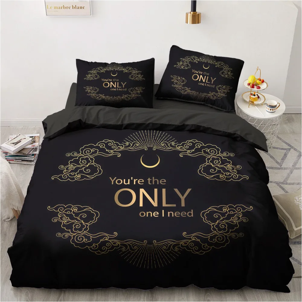 3D Black Bedding Sets Duvet/Quilt/Comforter Cover Set Bed Linen Pillowcase King Queen 245x210cm Size Only Gold Design Printed