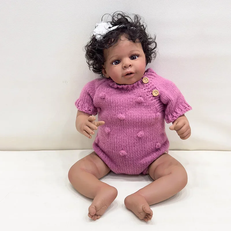 

60cm Jaylan in Dark Brown Skin Color Soft Body Reborn Toddler African American Cuddly Baby Girl Doll Hand-rooted Hair