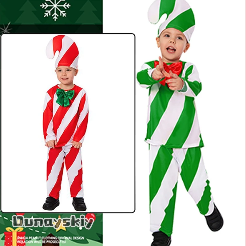 Body Zentai con estampado de bastón de caramelo a juego para niños, disfraces de cosplay {Anna zhang Online} Raya colorida navideña roja y verde