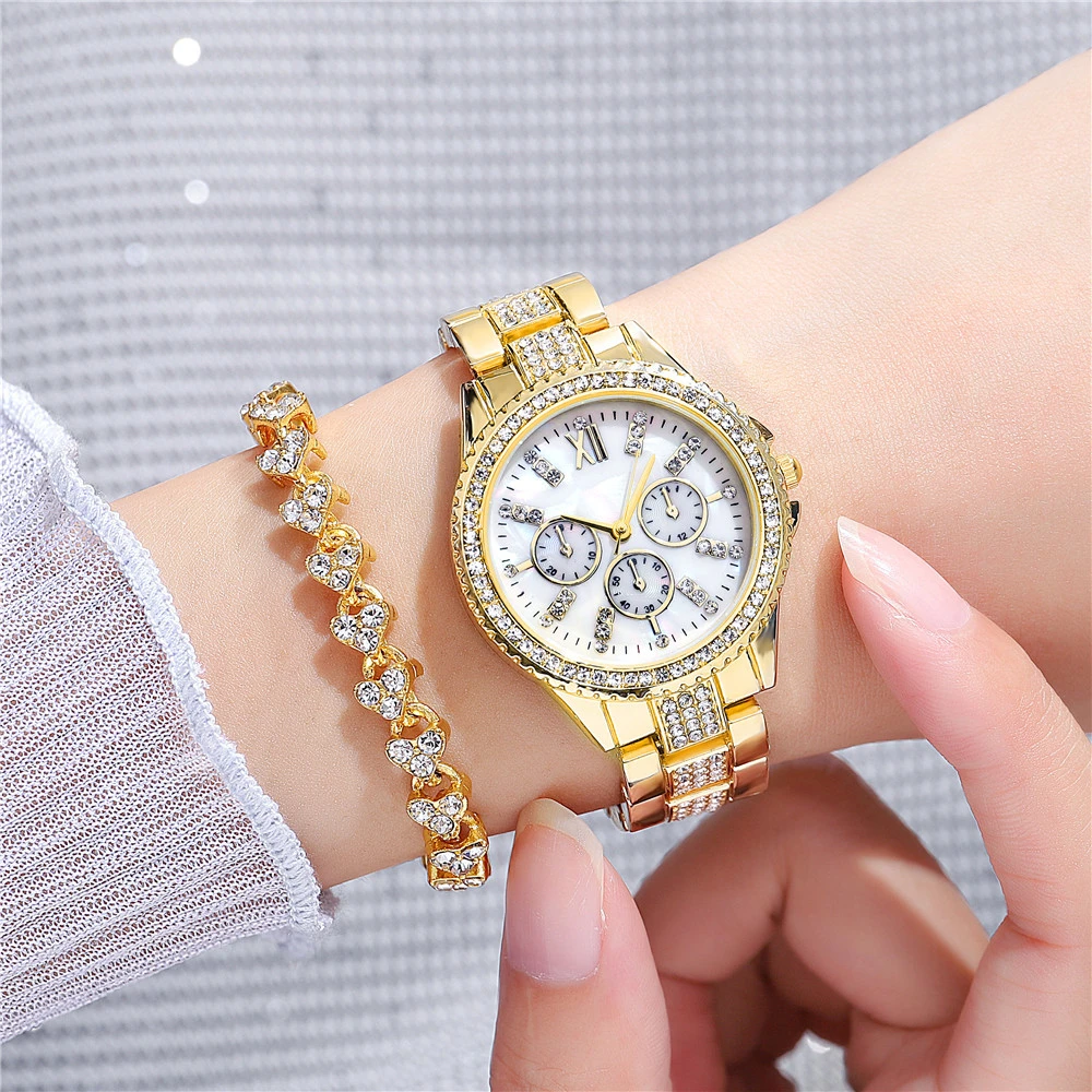 Luxury Three Eyes With Diamonds Women Quartz Watch New Fashion Brand Lady Watches Rose Gold Stainless Steel Bracelet Gift Clock