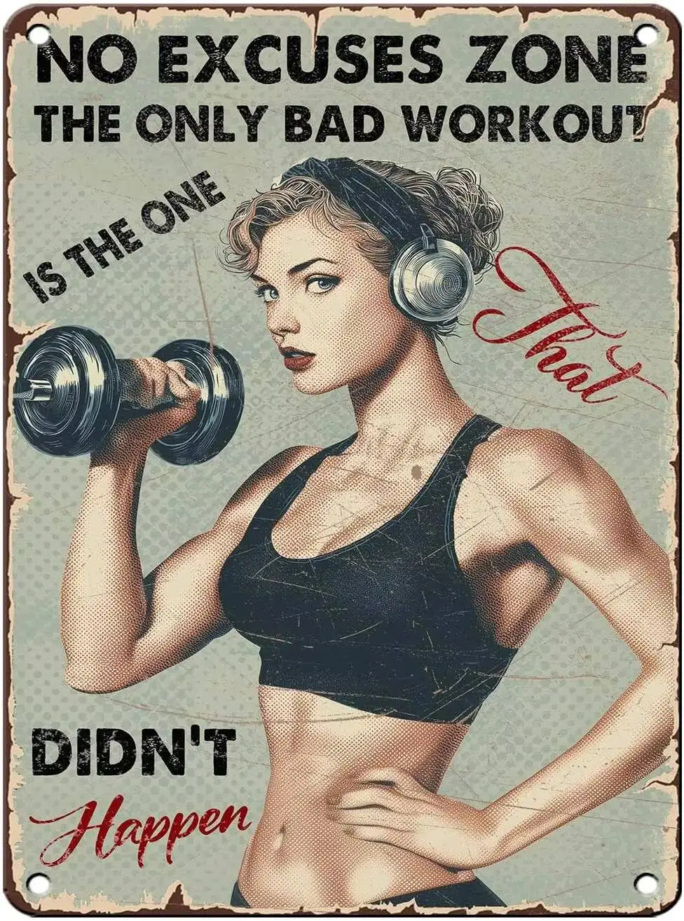 Vintage No Excuses Zone Metal Retro Girl Lifting Dumbbells Fitness Tin Sign Nostalgic Art For Home Gym Personal Studio Wall