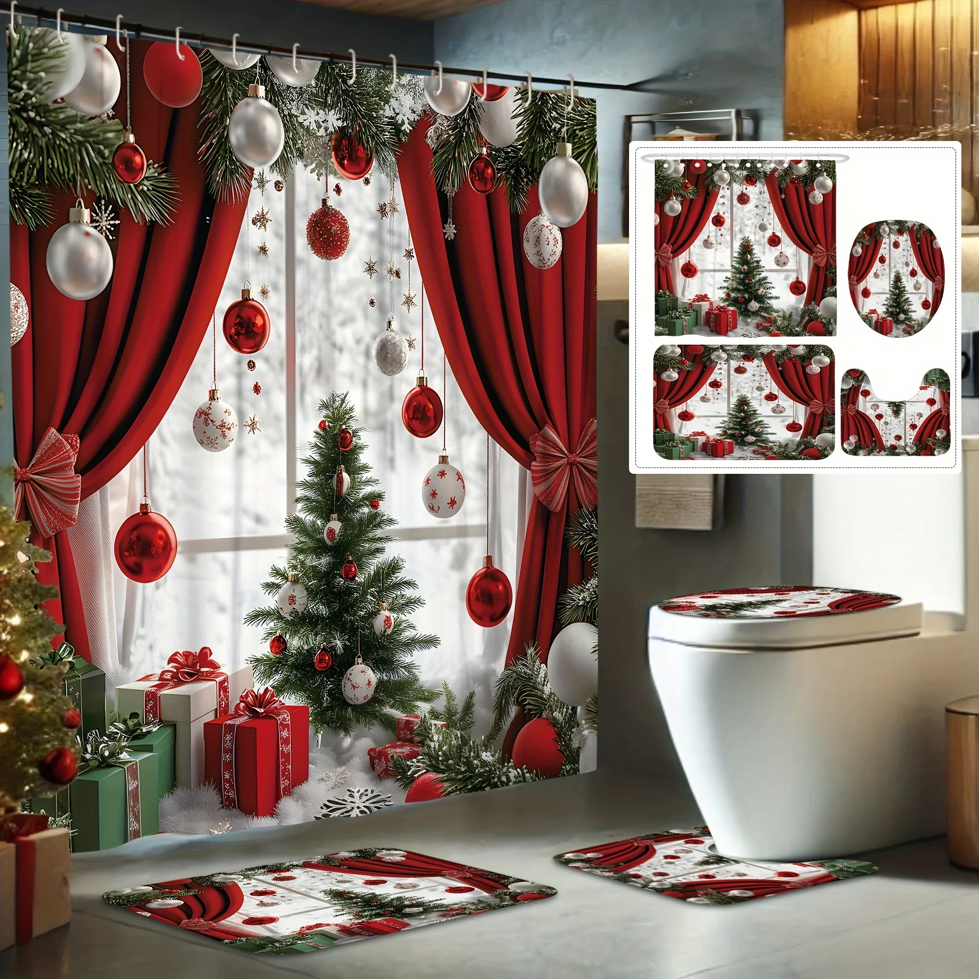 

Рождественский набор для ванной из 4 предметов, красно-зеленое дерево и подарочная шаровая сцена, моющаяся занавеска для душа, 12 крючков, нескользящий коврик, U-образная крышка для унитаза