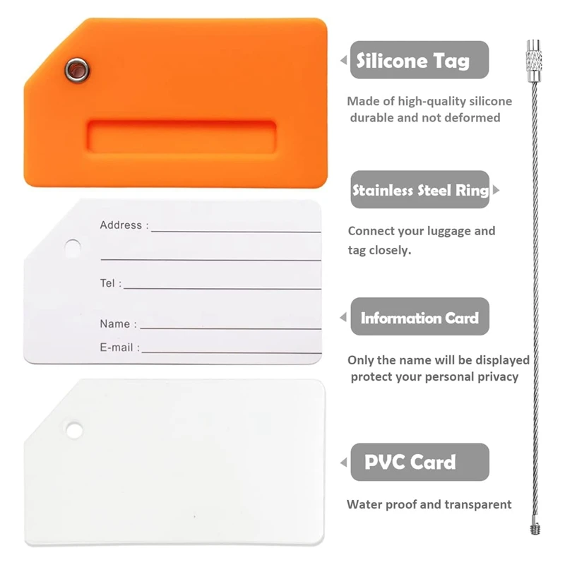 Etiquetas de bagagem de silicone de 6 pacotes para malas com alças, conjunto de suporte de etiqueta de bolsa de bagagem com cartão de identificação de nome