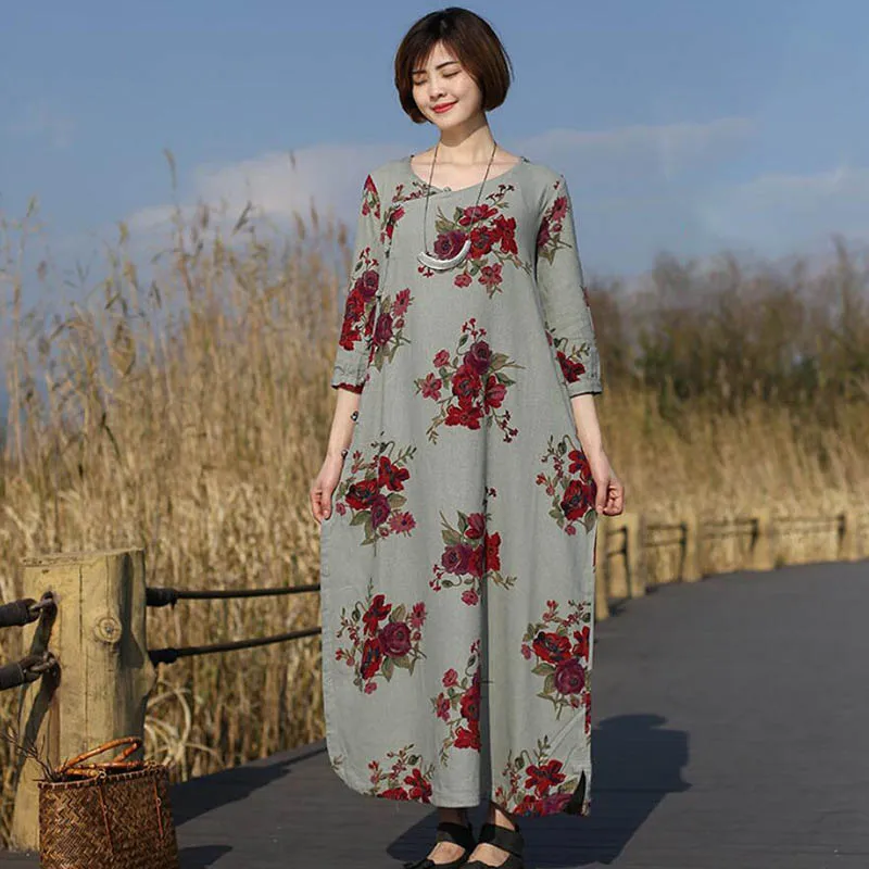 Crew-Neck Side Cardigan Single-Breasted Vintage Cotton And Linen Print Half-Sleeve Dress Women's Summer Casual Nostalgic Robe