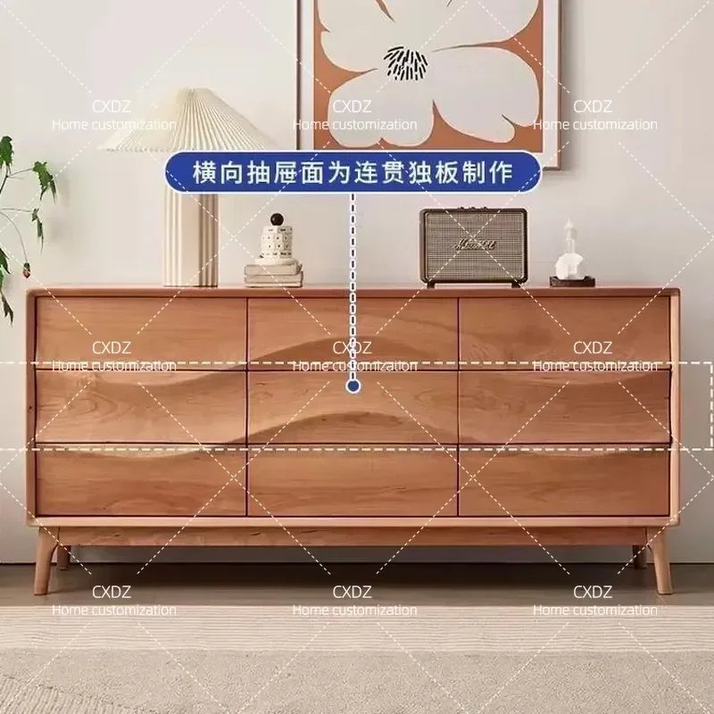 Nordic Solid Wood Wavy Pattern 9 Drawer Chest Cabinet Bedroom Locker Living Room Storage Japanese Simple Modern Home