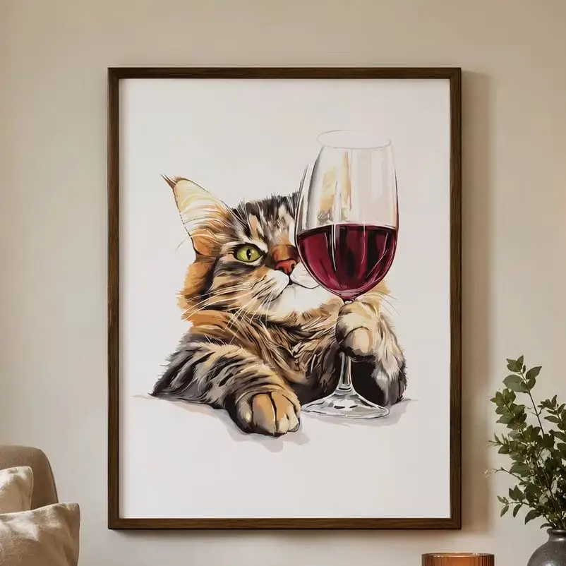 Cat Holding a Glass of Red Wine,Canvas Wall Print,High‑Grade Home Decoration Artwork for Bedroom,Living Room,Office & Interior S