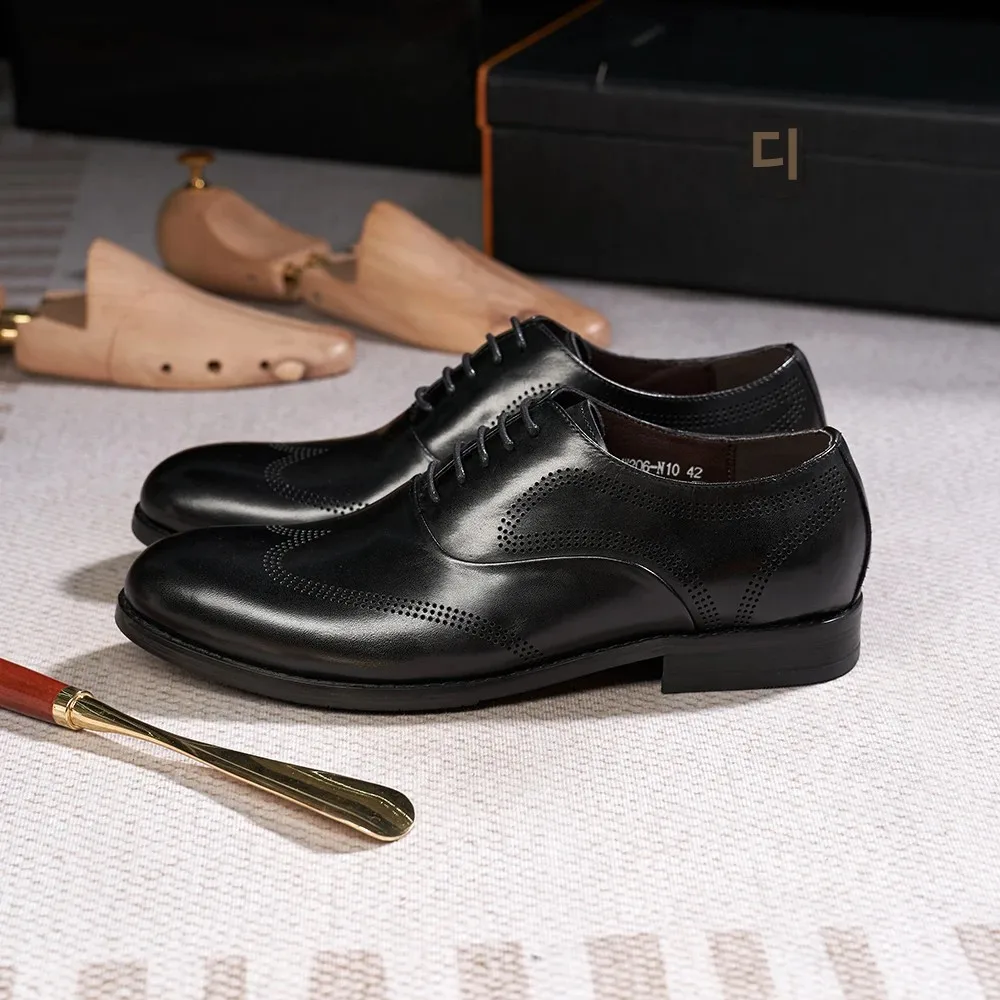 Men\'s Classic Style Genuine Leather Wingtip Oxfords Lace-Up Dress Shoes for Business Office Wedding Party Formal Footwear