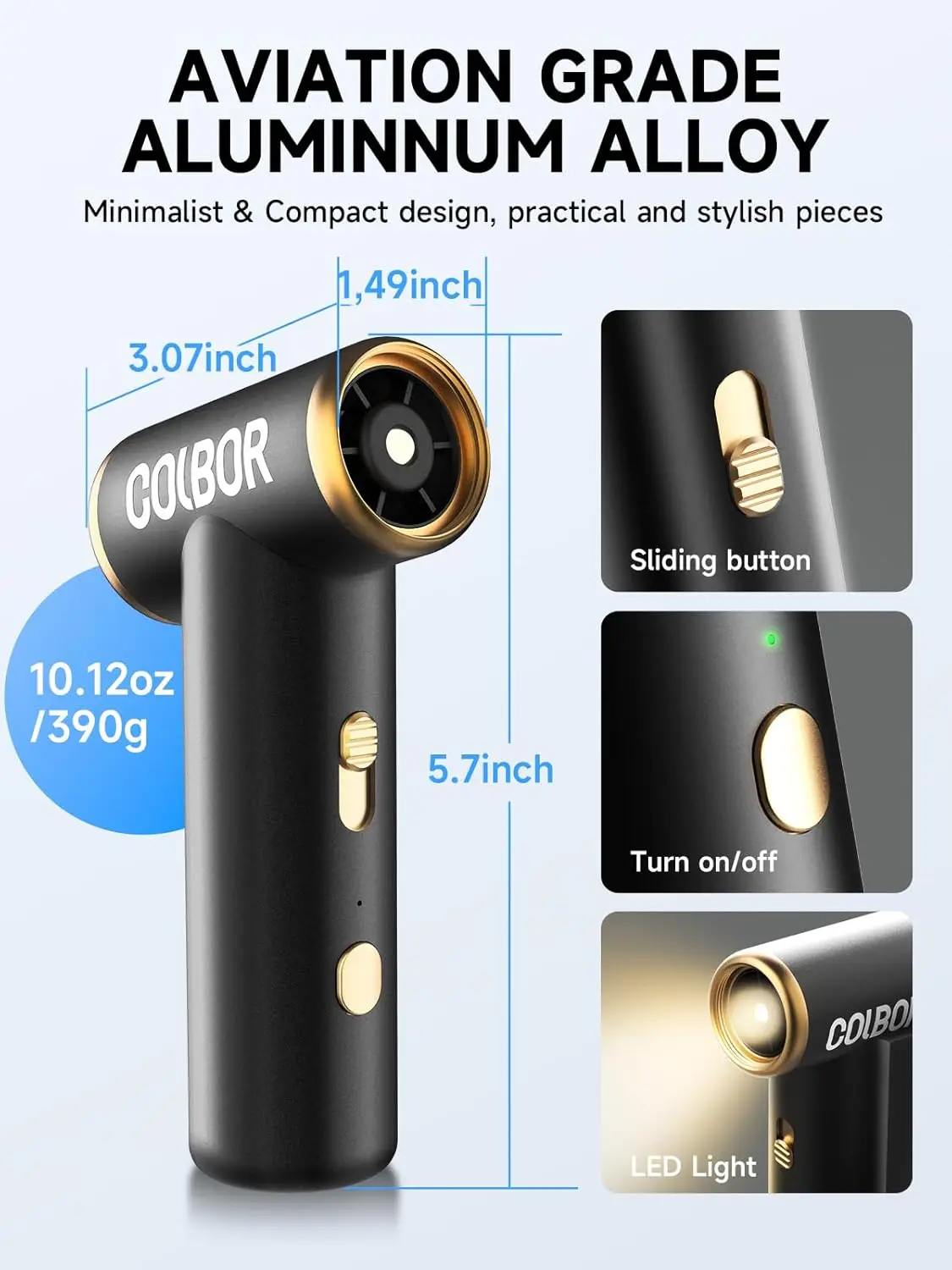 Plumero de aire comprimido COLBOR Mini soplador eléctrico para kit de limpieza de PC 100000RPM inalámbrico con luz LED y boquilla recargable