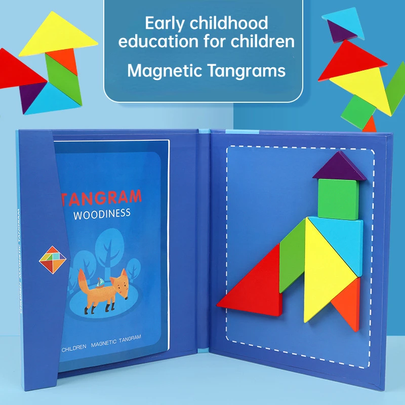 

Wooden Magnetic Tangram Jigsaw Puzzle Book Geometric Shapes Tangram Montessori Educational Learning Toys Gifts for Children Kids